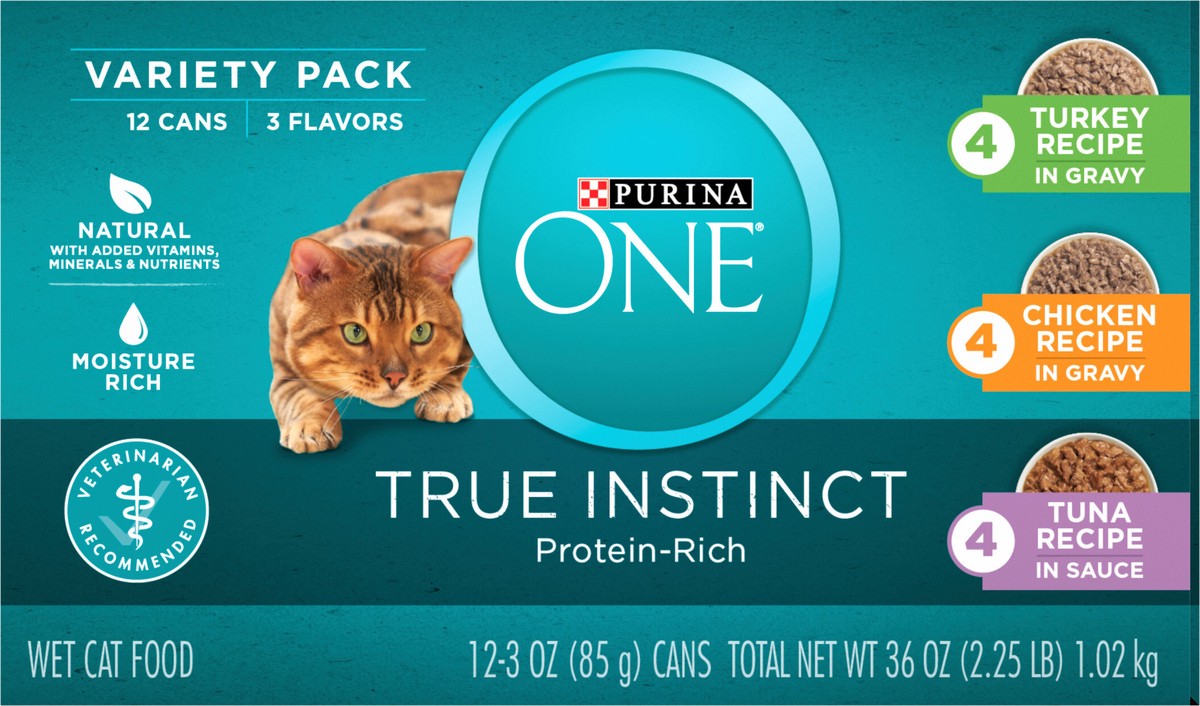 slide 3 of 7, ONE Purina ONE Natural, High Protein Wet Cat Food Variety Pack, True Instinct Turkey, Chicken and Tuna Recipes, 2.25 lb