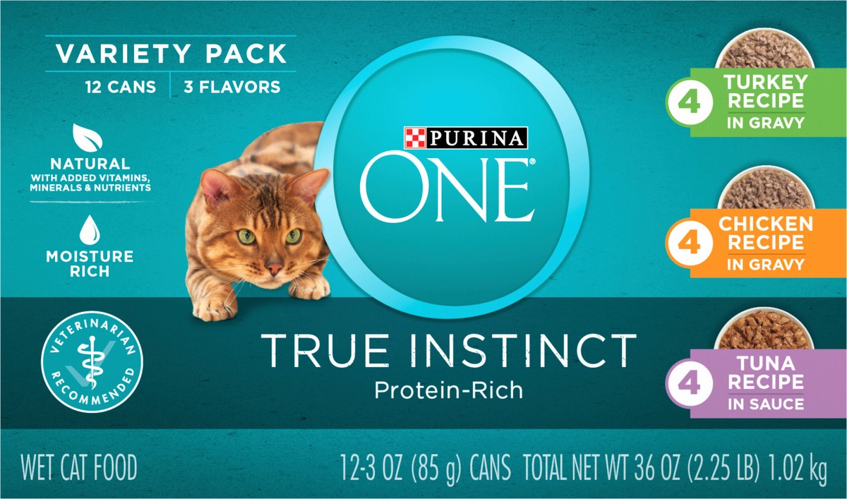 slide 2 of 7, ONE Purina ONE Natural, High Protein Wet Cat Food Variety Pack, True Instinct Turkey, Chicken and Tuna Recipes, 2.25 lb