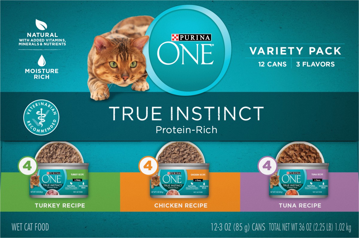 slide 6 of 7, ONE Purina ONE Natural, High Protein Wet Cat Food Variety Pack, True Instinct Turkey, Chicken and Tuna Recipes, 2.25 lb