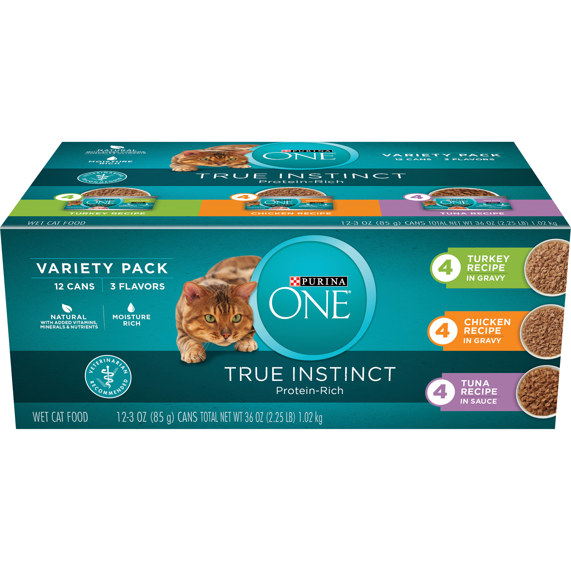 slide 1 of 7, ONE Purina ONE Natural, High Protein Wet Cat Food Variety Pack, True Instinct Turkey, Chicken and Tuna Recipes, 2.25 lb