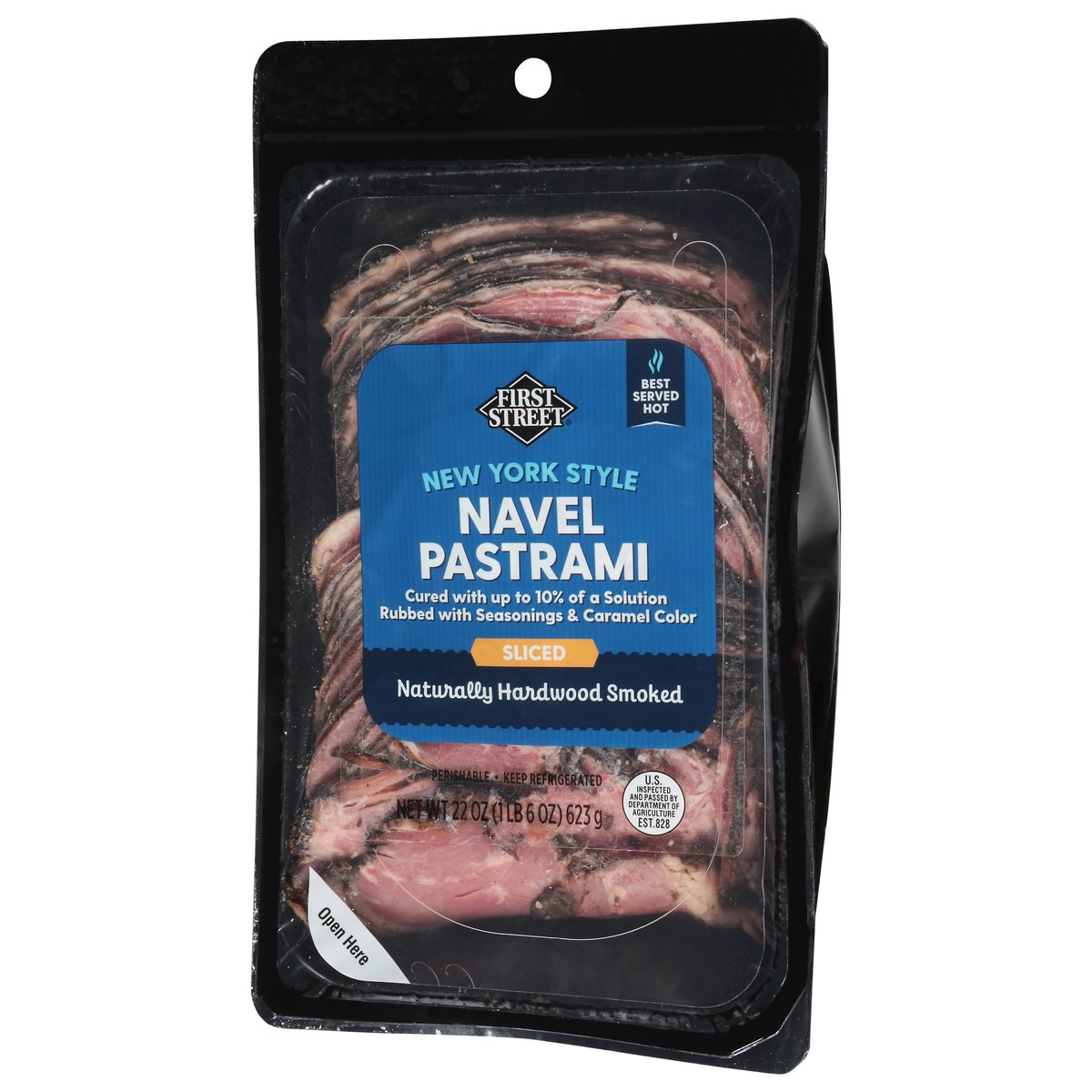 slide 3 of 4, First Street Sliced Ny Black Smoke Navel Pastrami, 22 oz