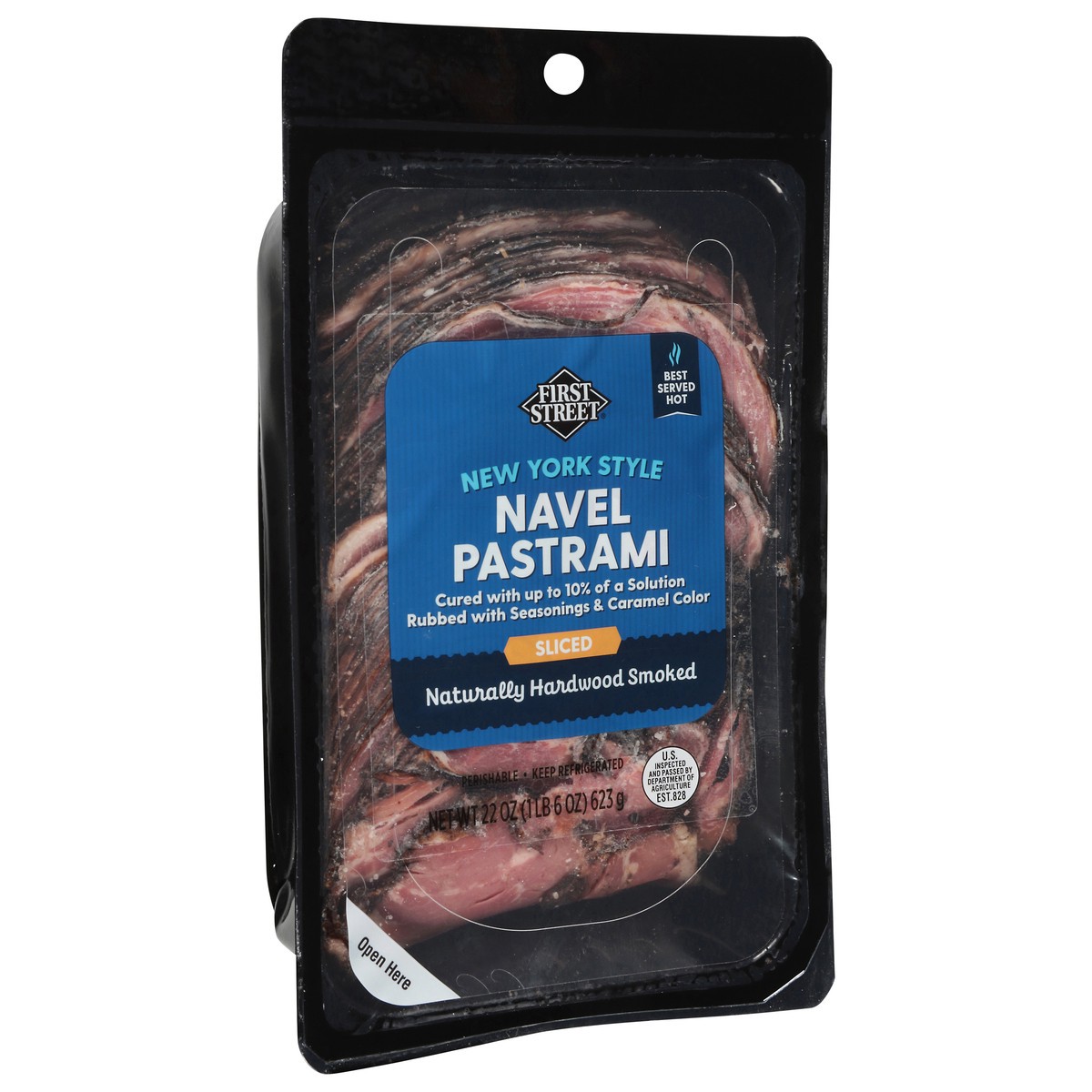 slide 2 of 4, First Street Sliced Ny Black Smoke Navel Pastrami, 22 oz