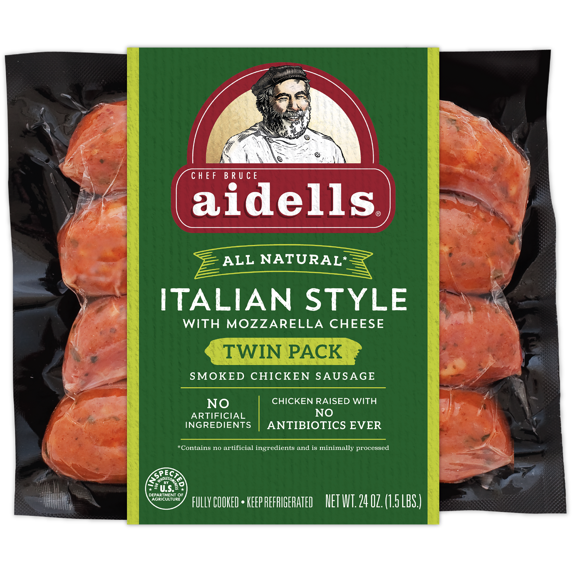 slide 1 of 5, Aidells Smoked Chicken Sausage, Italian Style with Mozzarella Cheese, Twin Pack, 24 oz. (8 Fully Cooked Links), 680.39 g
