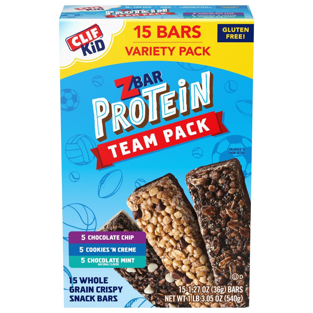 slide 1 of 1, CLIF Kid Zbar Zbar Protein - Variety Pack - Crispy Whole Grain Snack Bars - Made with Organic Oats - Non-GMO - 5g Protein - 1.27 oz. (15 Count), 19.05 oz