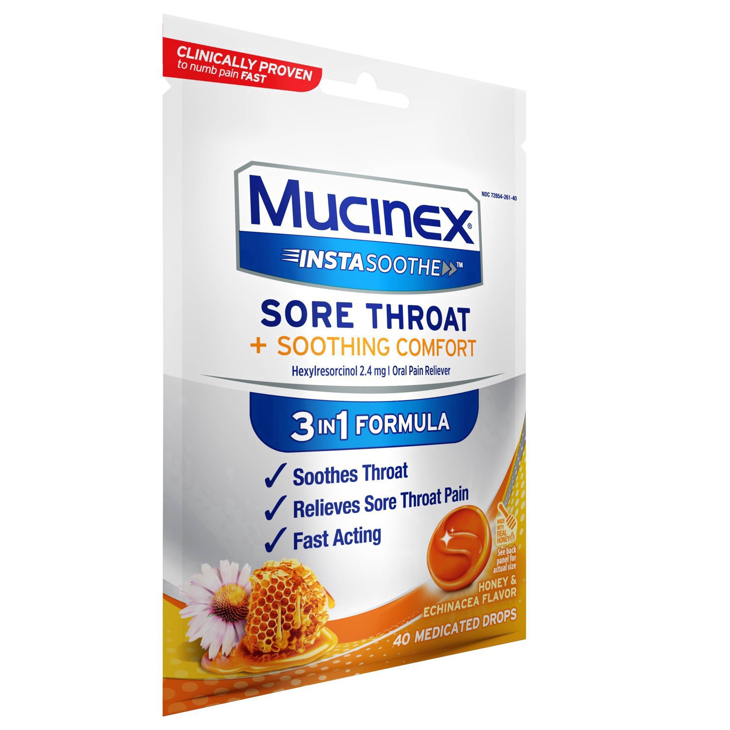 slide 3 of 5, Mucinex InstaSoothe Honey & Echinacea Flavor Sore Throat + Soothing Comfort 40 Medicated Drops Bag, 40 ct