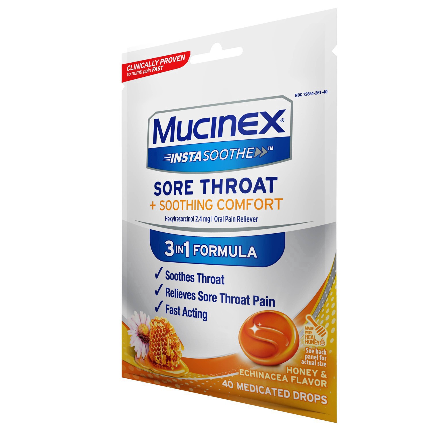 slide 4 of 5, Mucinex InstaSoothe Honey & Echinacea Flavor Sore Throat + Soothing Comfort 40 Medicated Drops Bag, 40 ct