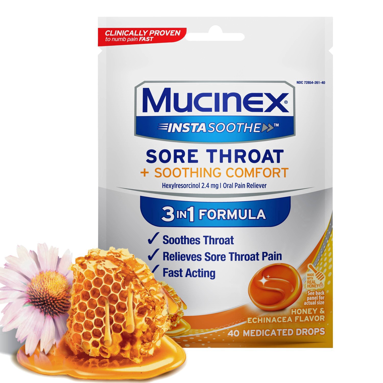 slide 5 of 5, Mucinex InstaSoothe Honey & Echinacea Flavor Sore Throat + Soothing Comfort 40 Medicated Drops Bag, 40 ct