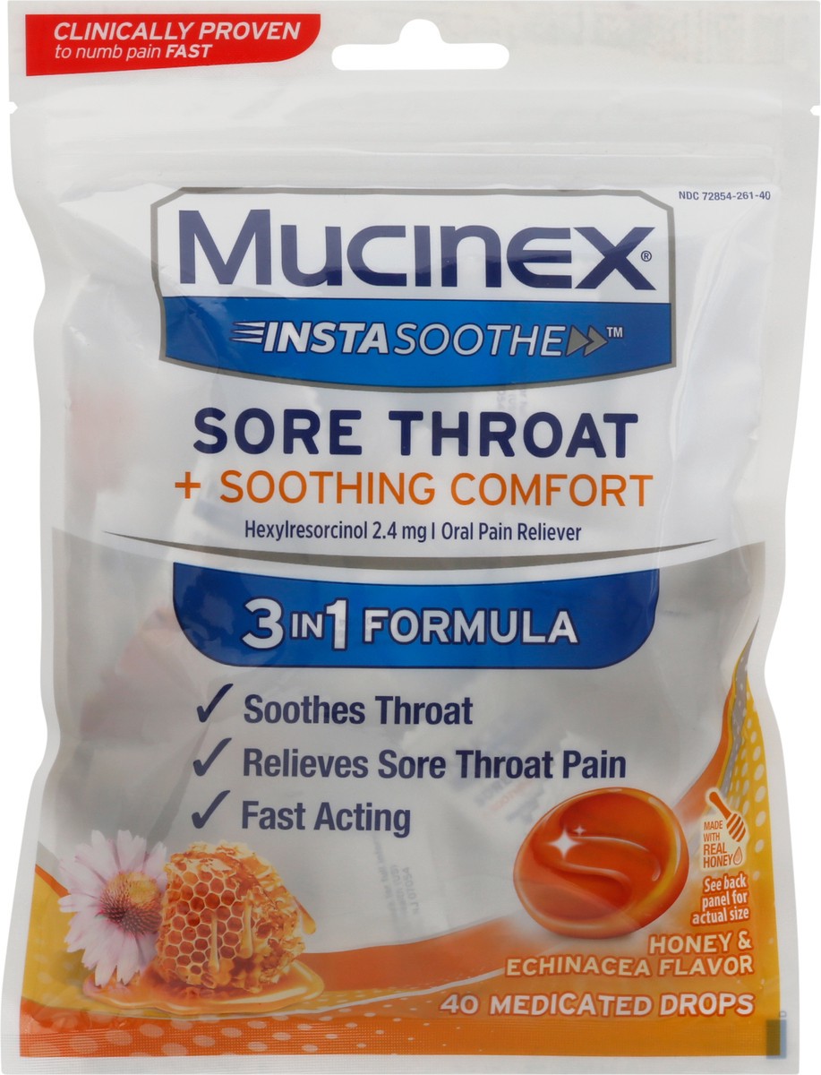 slide 1 of 5, Mucinex InstaSoothe Honey & Echinacea Flavor Sore Throat + Soothing Comfort 40 Medicated Drops Bag, 40 ct