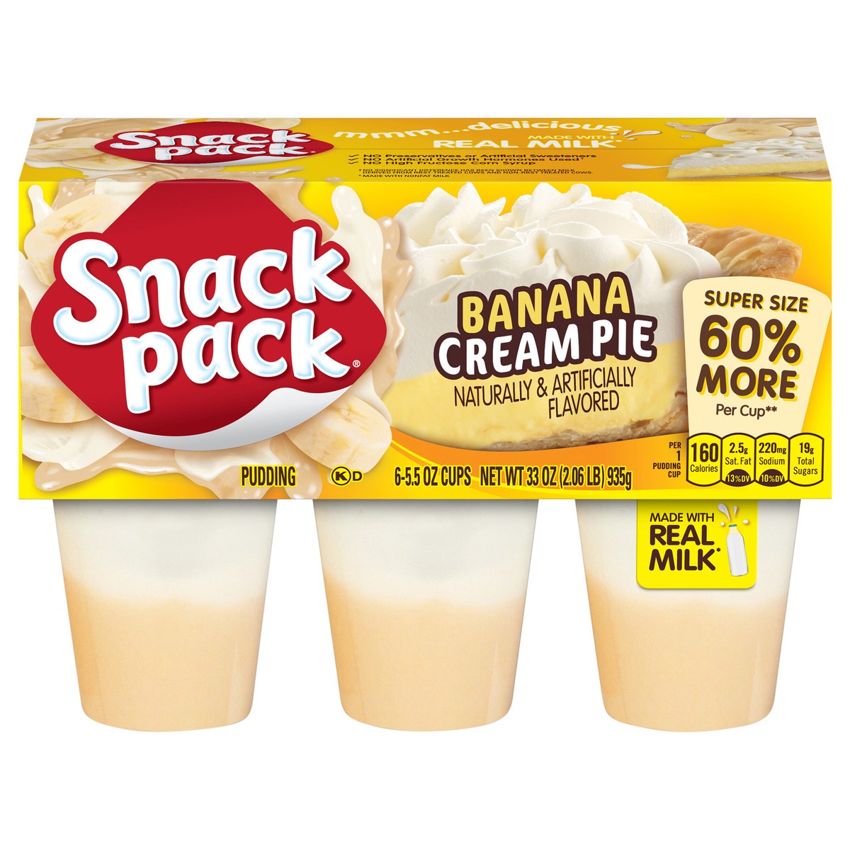 slide 1 of 5, Snack Pack Super Size Banana Cream Pie Flavored Pudding, 5.5 oz Pudding Cups, 6 Count, 8 Pack, 6 ct