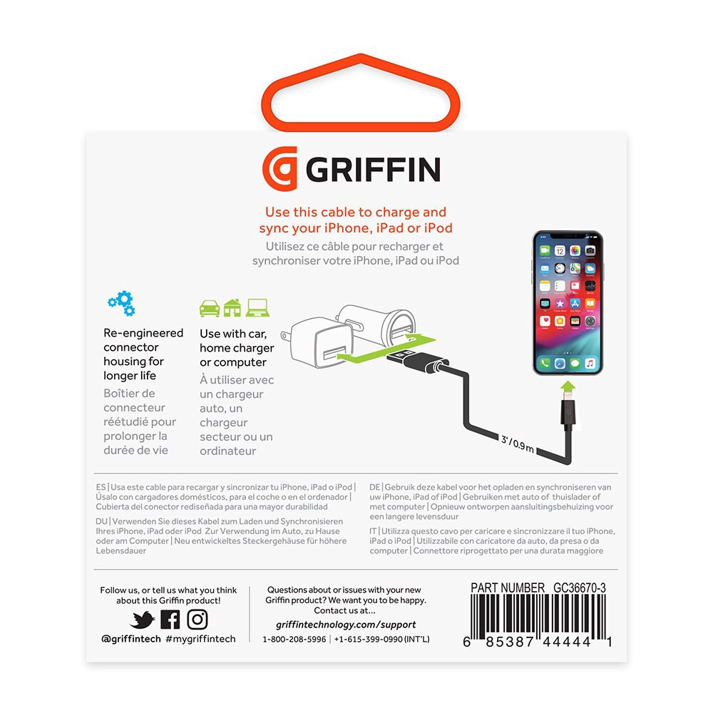 slide 2 of 3, Griffin Bros. Usb-A To Lightning Cable - 3Ft - Black. Lifetime Warranty., 1 ct