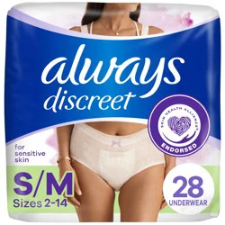 Always Discreet for Sensitive Skin Underwear, Hypoallergenic, Dermatologically Tested, Fragrance Free, Maximum Absorbency, S/M, 28 CT