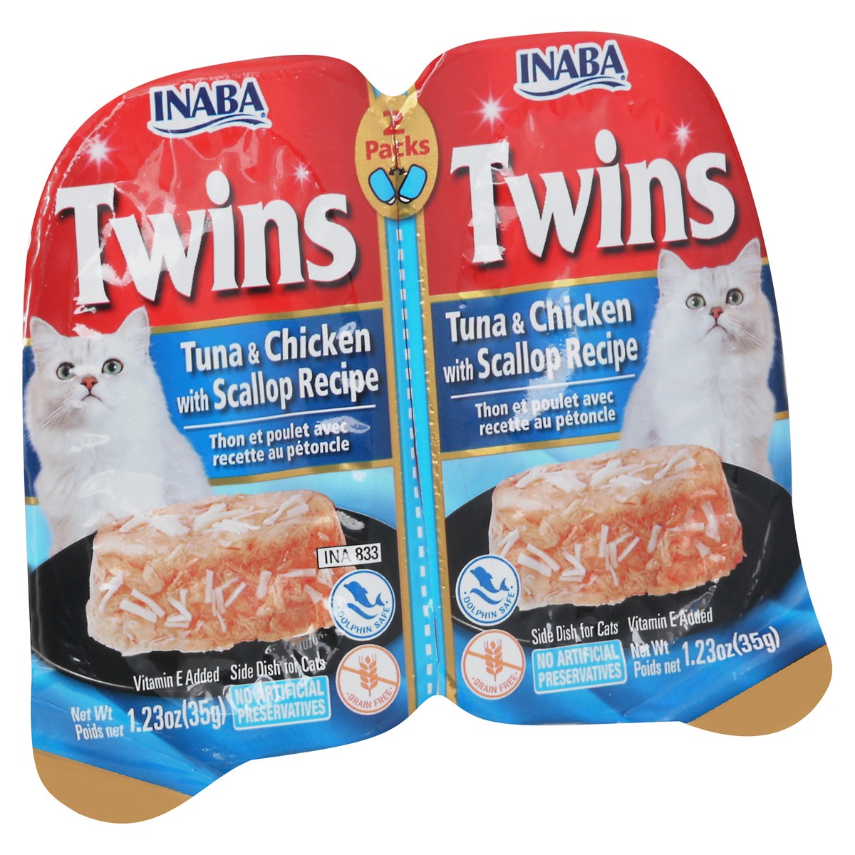 slide 6 of 9, Inaba Twins 2 Packs Tuna & Chicken with Scallop Recipe Side Dish for Cats 2 - 1.23 oz Packs, 2 ct