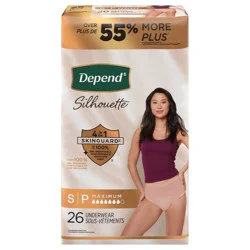 Depend Silhouette Adult Incontinence & Postpartum Bladder Leak Underwear for Women, Maximum Absorbency, Small, Pink, 26 Count