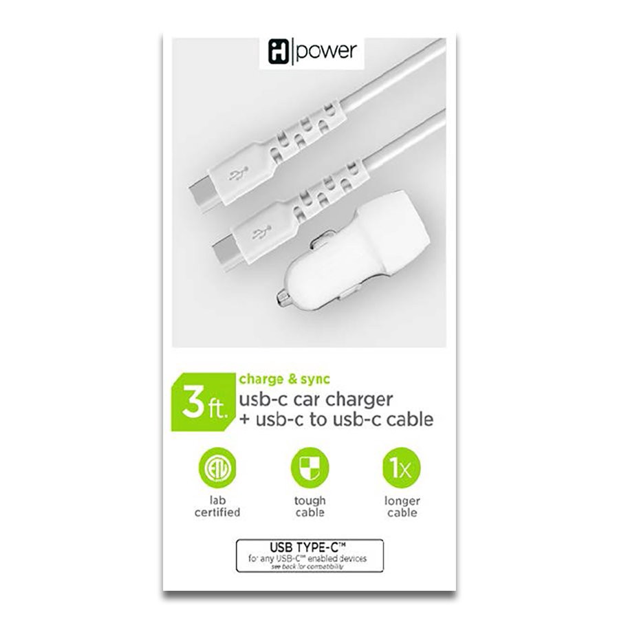slide 1 of 1, iHome USB-C to USB-C Cable with Car Charger - White, 3 ft