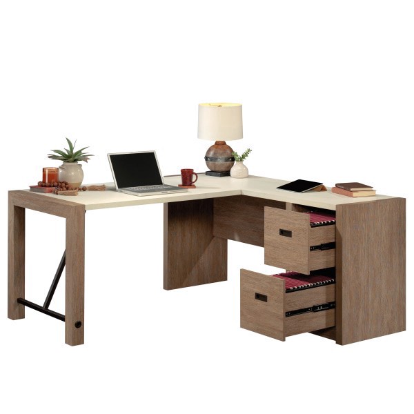 slide 4 of 10, Sauder Dixon City 66""W L-Shaped Computer Desk With Drawers, Brushed Oak/Pebble White, 1 ct