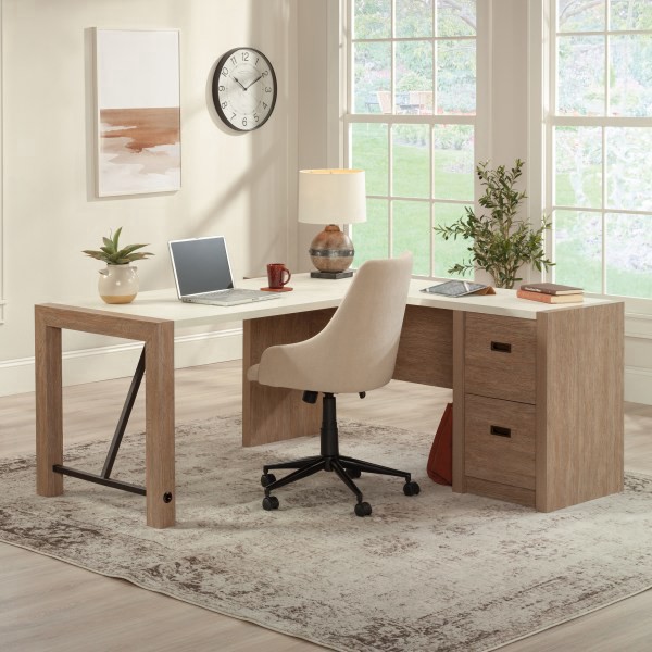 slide 8 of 10, Sauder Dixon City 66""W L-Shaped Computer Desk With Drawers, Brushed Oak/Pebble White, 1 ct