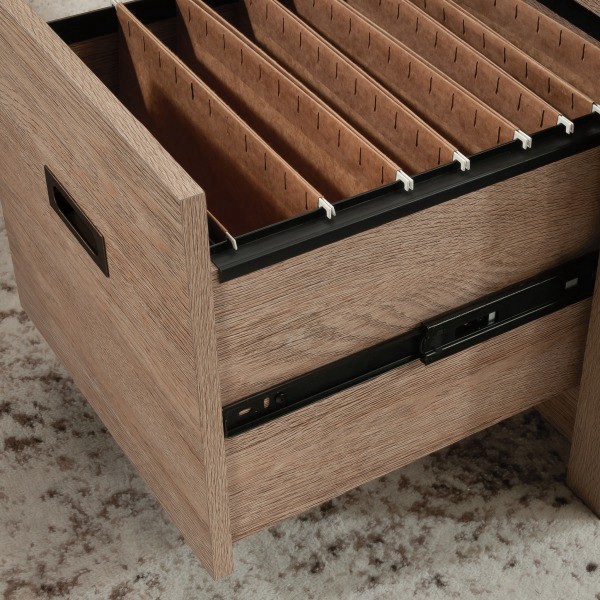 slide 3 of 10, Sauder Dixon City 66""W L-Shaped Computer Desk With Drawers, Brushed Oak/Pebble White, 1 ct