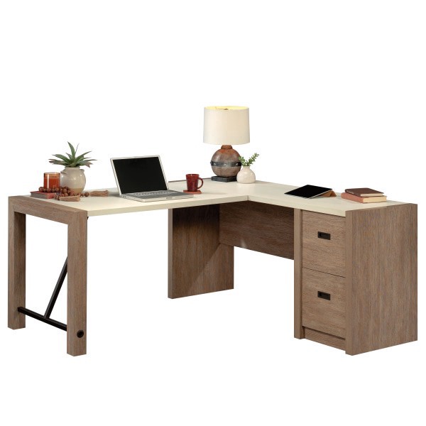 slide 2 of 10, Sauder Dixon City 66""W L-Shaped Computer Desk With Drawers, Brushed Oak/Pebble White, 1 ct