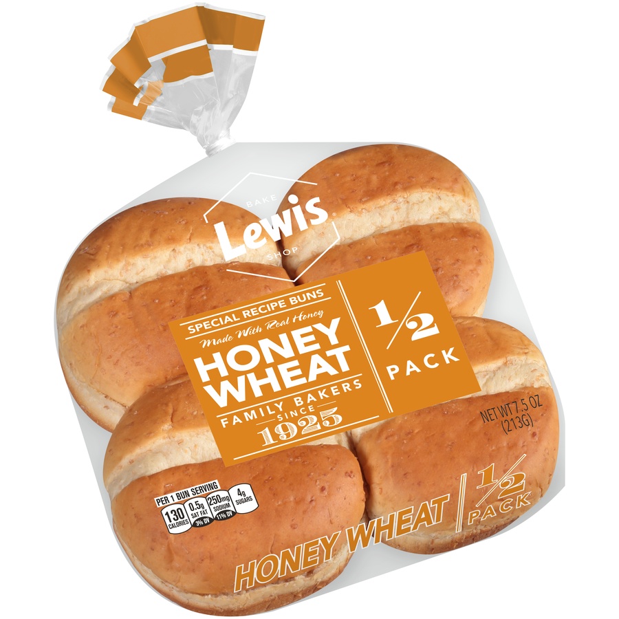 slide 2 of 8, Lewis Bake Shop Special Recipe 1/2 Pack Honey Wheat Burger Buns, 4 ct