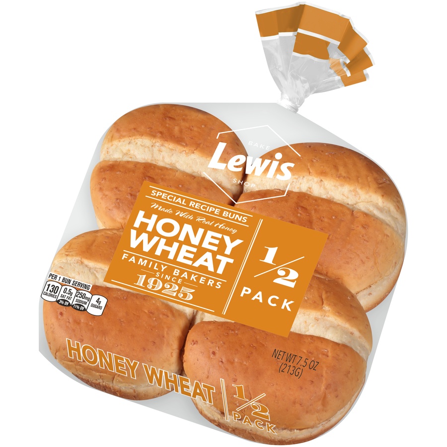 slide 3 of 8, Lewis Bake Shop Special Recipe 1/2 Pack Honey Wheat Burger Buns, 4 ct