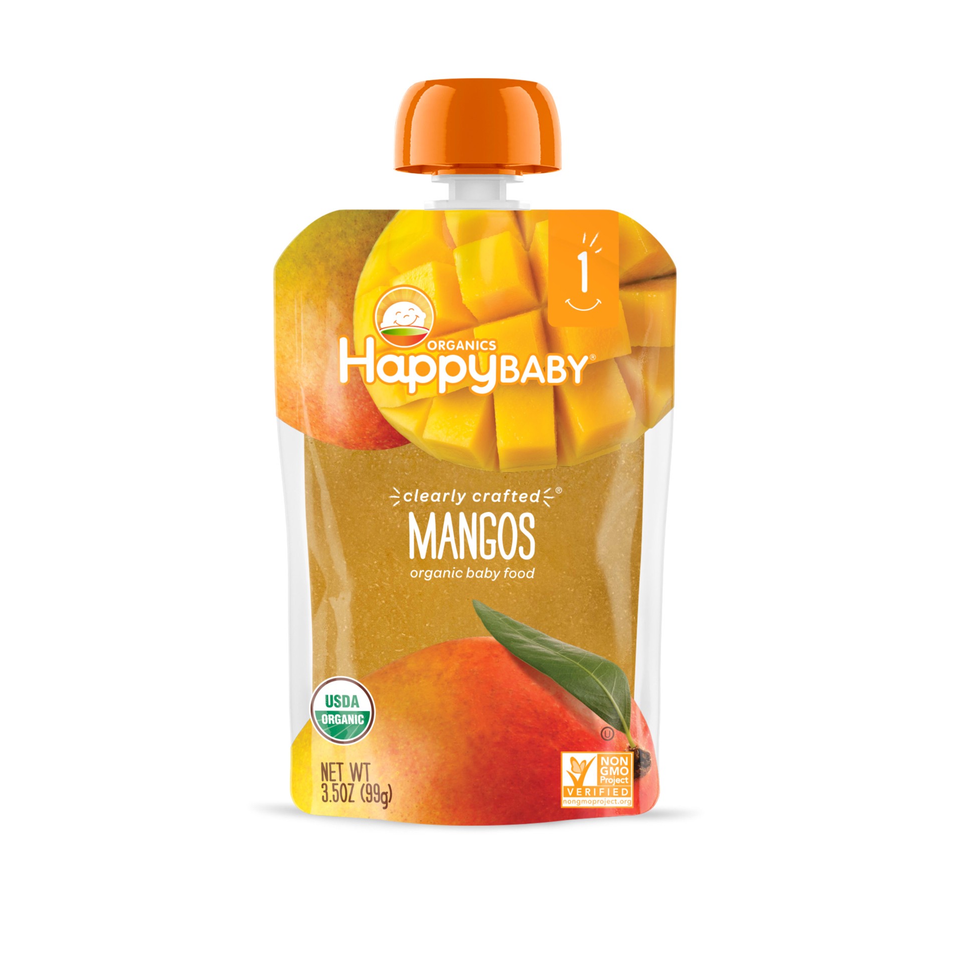 slide 1 of 6, Happy Baby Organics Clearly Crafted Stage 1 Mangos Pouch 4 oz UNIT, 3.5 oz