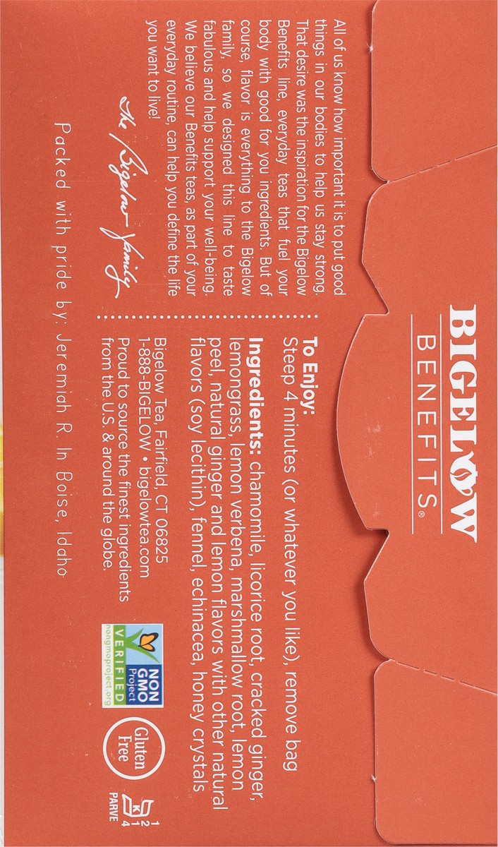 slide 6 of 9, Bigelow Benefits THROAT DEFENSE Ginger Honey Lemon, Herbal Tea Caffeine Free 18 TB, 18 individually wrapped tea bags, 18 ct