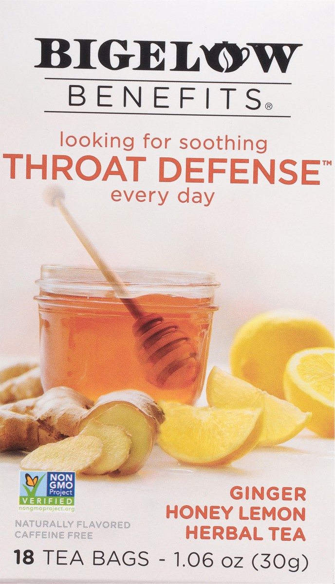 slide 7 of 9, Bigelow Benefits THROAT DEFENSE Ginger Honey Lemon, Herbal Tea Caffeine Free 18 TB, 18 individually wrapped tea bags, 18 ct