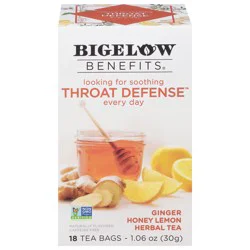 Bigelow Benefits THROAT DEFENSE Ginger Honey Lemon, Herbal Tea Caffeine Free 18 TB, 18 individually wrapped tea bags