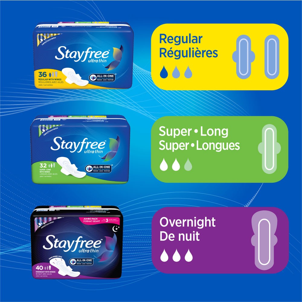 slide 4 of 7, STAYFREE Ultra Thin Pads Overnight with Wings 28ct, 28 ct