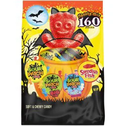 Sour Patch/Swedish Fish Red SOUR PATCH KIDS Original, Tropical, Big Kids & SWEDISH FISH Halloween Candy Variety Pack, 160 Trick or Treat Bags