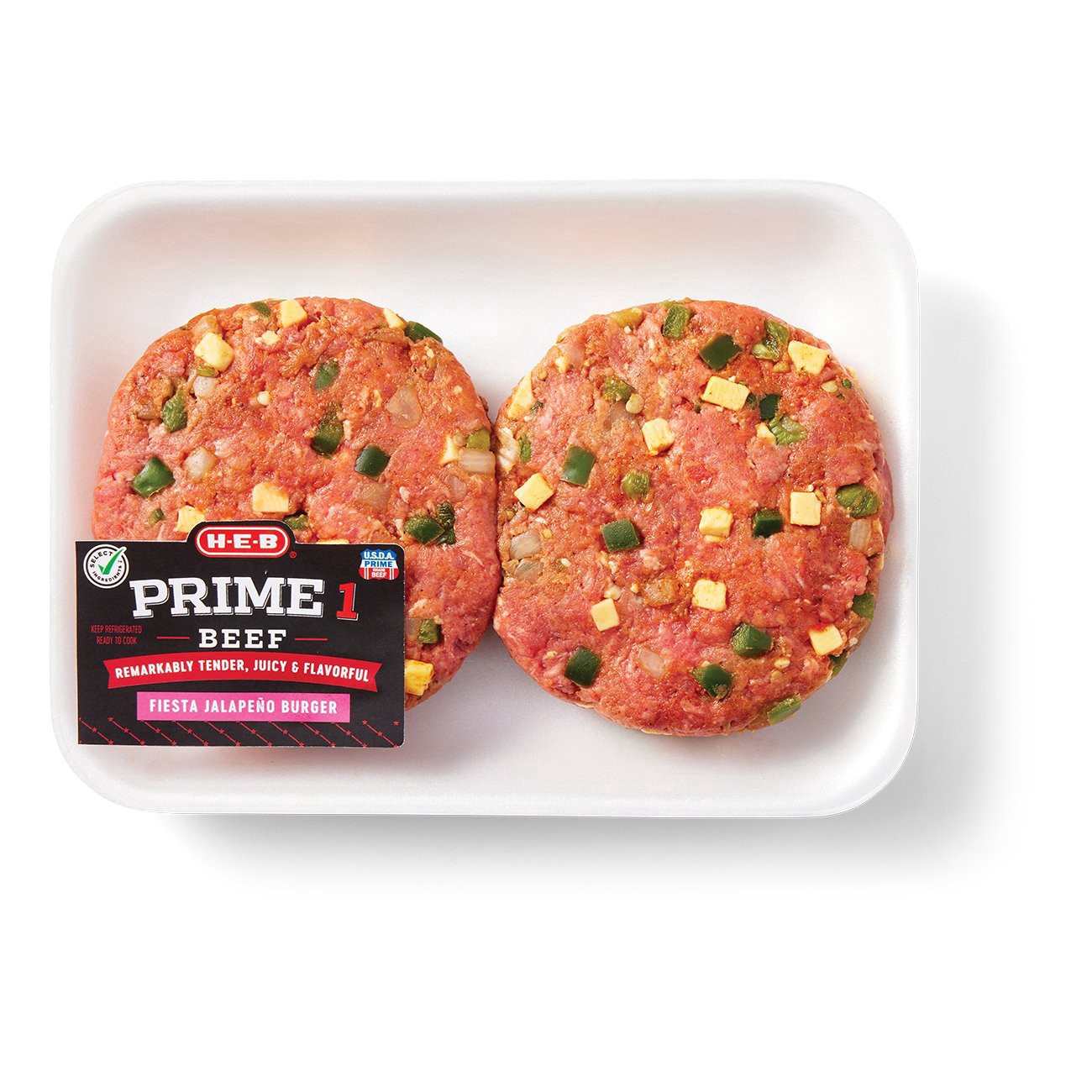 slide 1 of 1, H-E-B Prime 1 Fiesta Jalapeno Beef Burgers, per lb