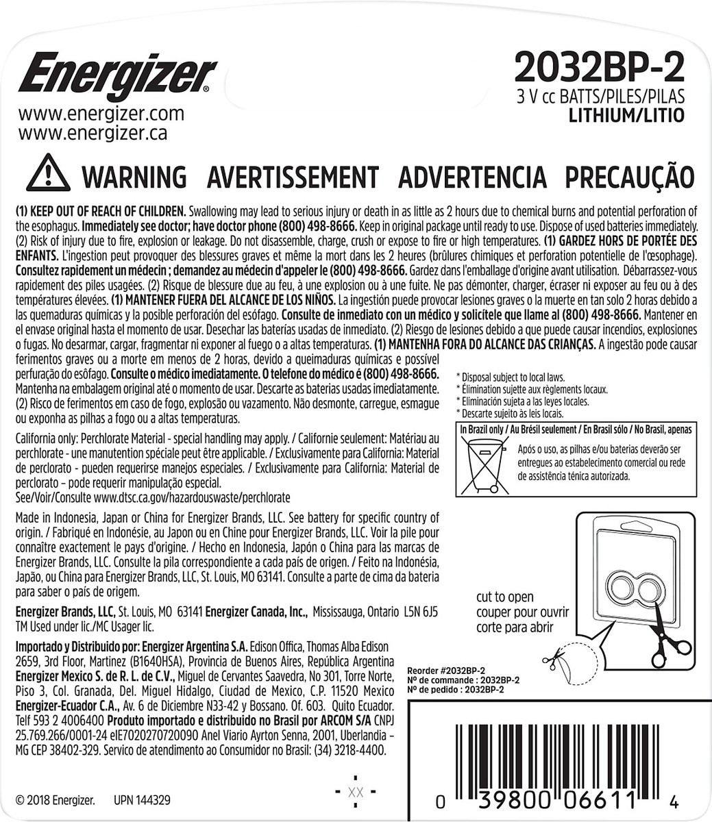 slide 3 of 3, Energizer 2032 Lithium 3V Batteries 2 ea, 2 ct