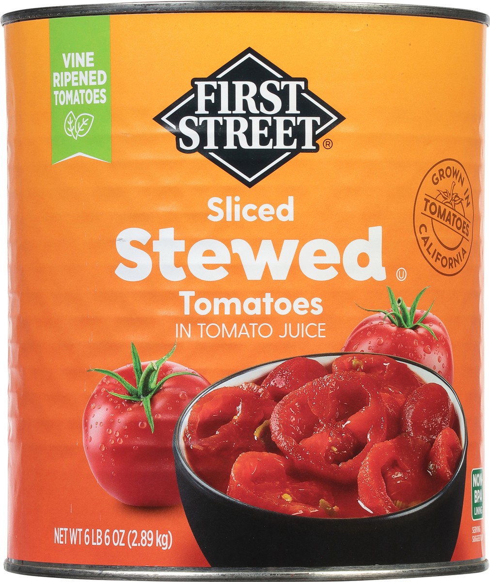 slide 3 of 14, Cb22 First Street Sliced Stewed Tomatoes, 102 oz