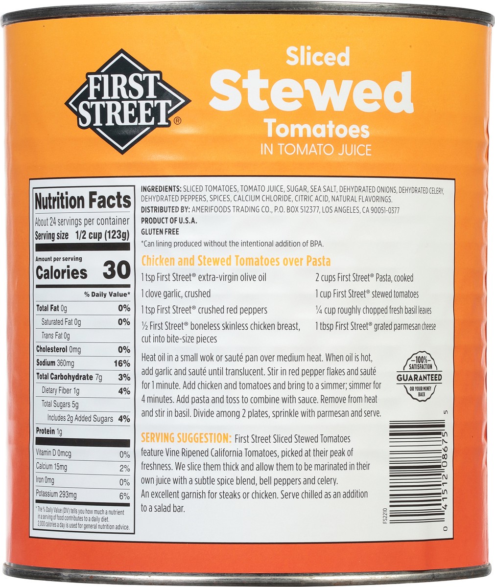 slide 9 of 14, Cb22 First Street Sliced Stewed Tomatoes, 102 oz