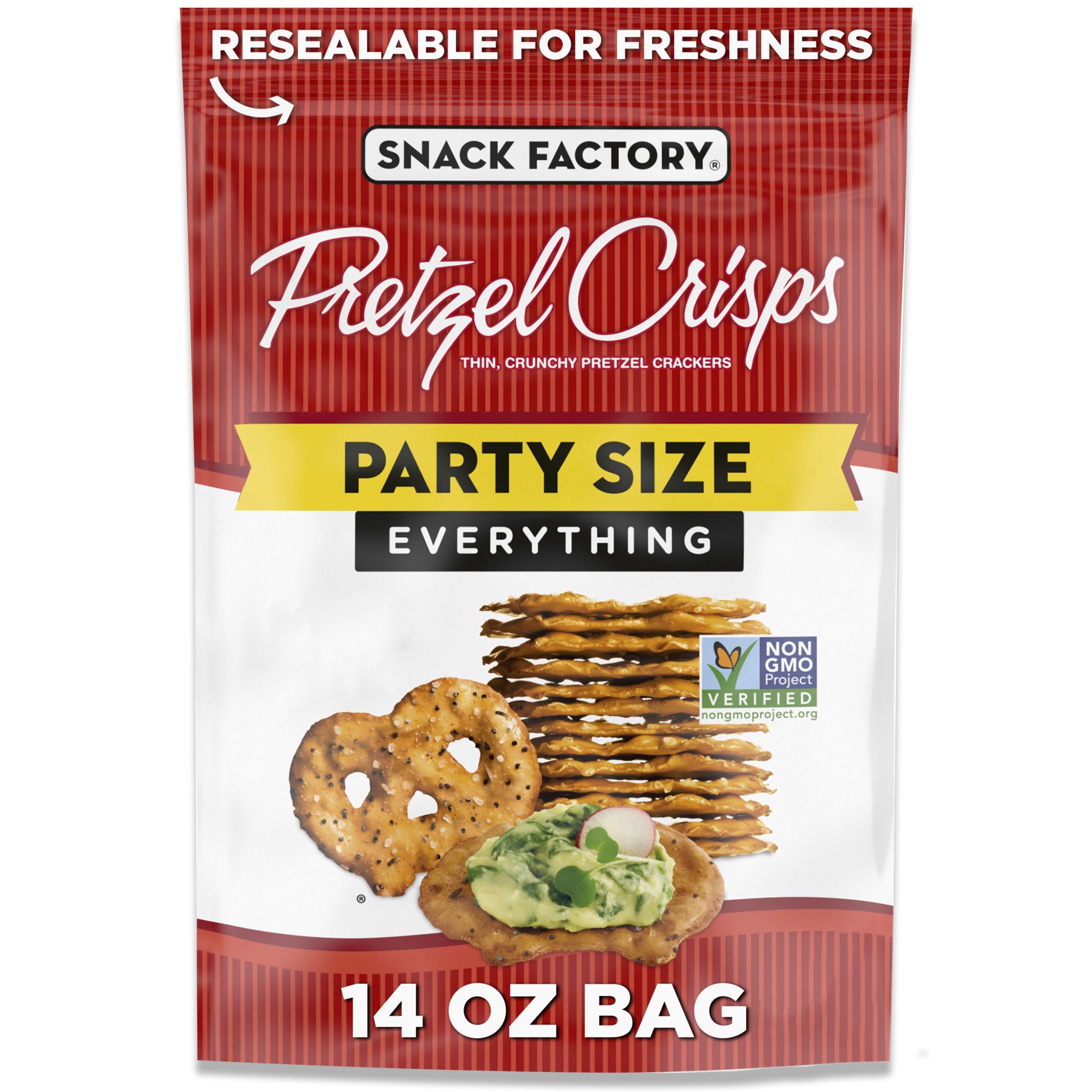 slide 1 of 5, Snack Factory Everything Pretzel Crisps, Non-GMO, 14 OZ Party Size Bag, 14 oz