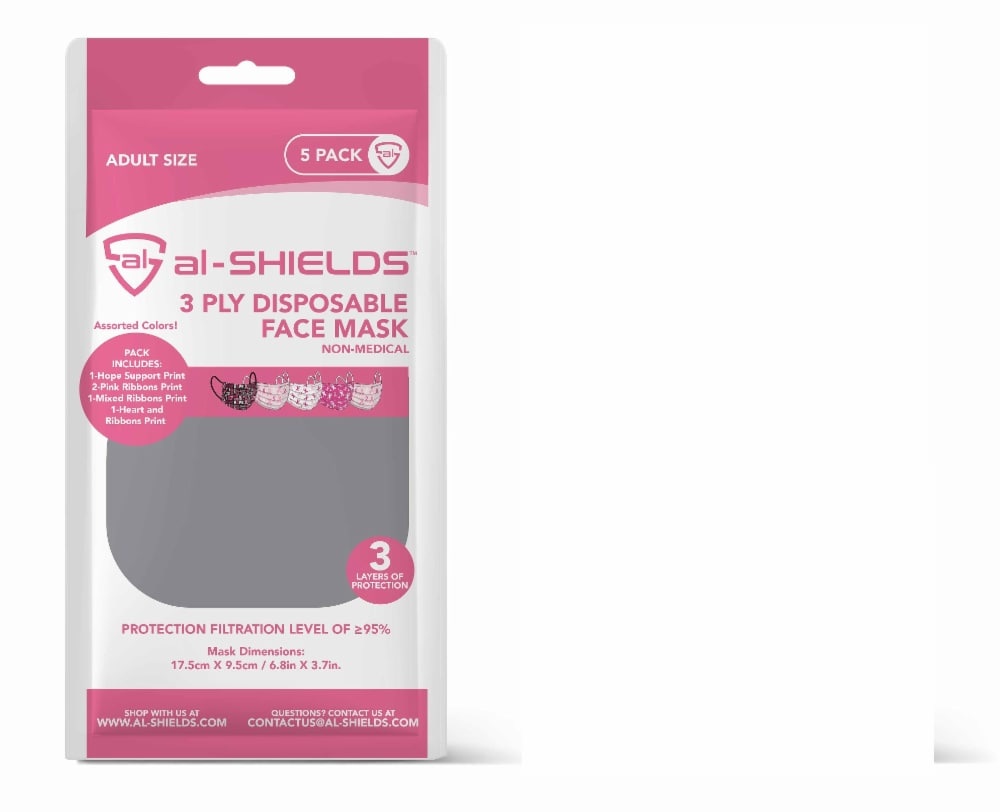 slide 1 of 1, al-SHIELDS 3Ply Ladies Breast Cancer Disposable Face Masks Assorted, 5 ct