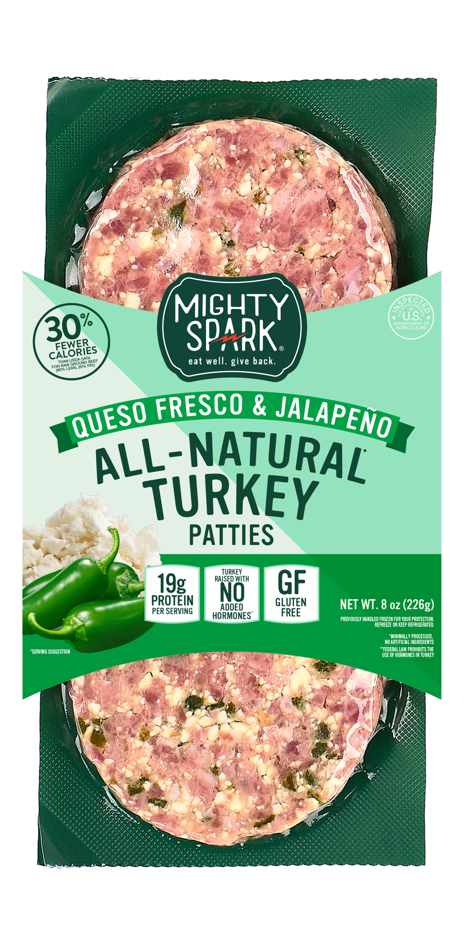 slide 1 of 1, Mighty Spark Turkey Patties, Queso Fresco & Jalapeno, Sleeve, 9 oz