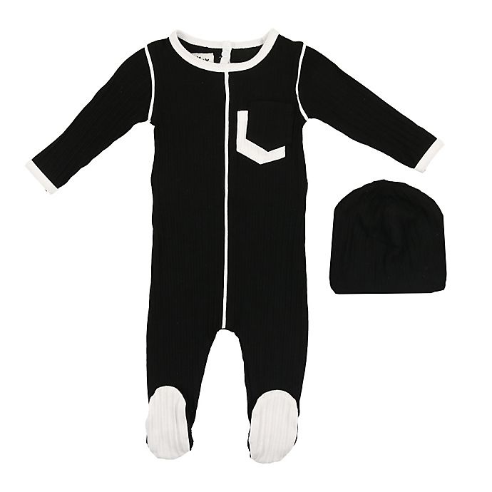 slide 1 of 2, HannaKay, By Maniere Newborn Piped Pocket Footie and Matching Hat - Black, 1 ct