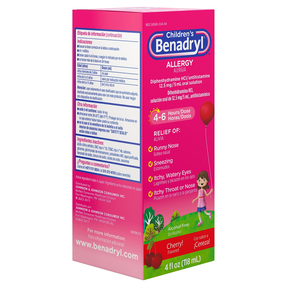slide 2 of 5, Benadryl Allergy Relief Liquid Medicine with Diphenhydramine HCl, Kids' Allergy Syrup for Allergy Symptoms Like Runny Nose, Itchy Eyes & More, Cherry Flavor, 4 fl oz