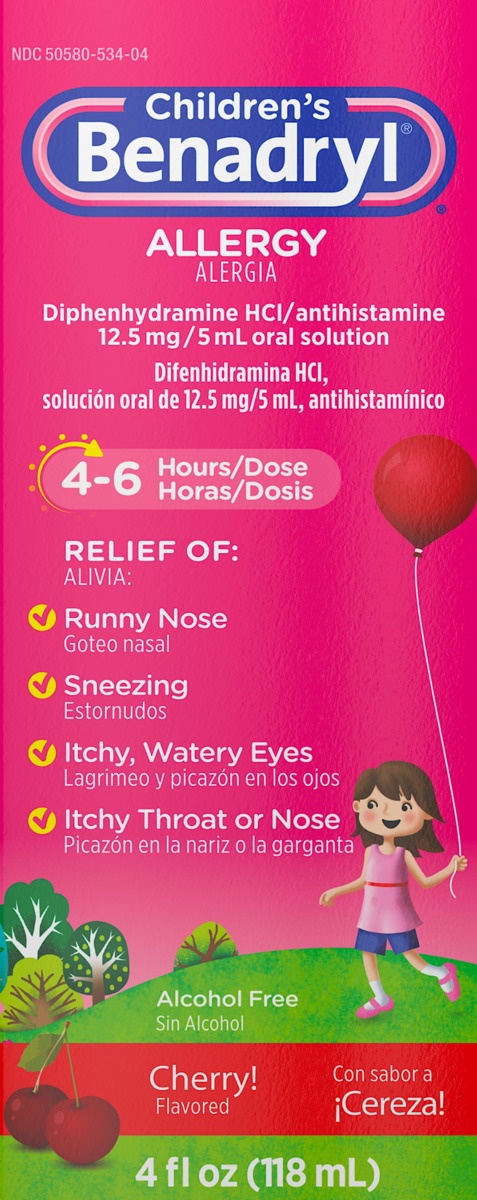 slide 4 of 5, Benadryl Allergy Relief Liquid Medicine with Diphenhydramine HCl, Kids' Allergy Syrup for Allergy Symptoms Like Runny Nose, Itchy Eyes & More, Cherry Flavor, 4 fl oz