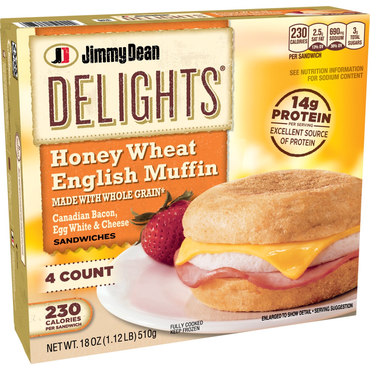 slide 2 of 9, Jimmy Dean Delights Honey Wheat English Muffin Breakfast Sandwiches with Canadian Bacon, Egg White, and Cheese, Frozen, 4 Count, 510.29 g