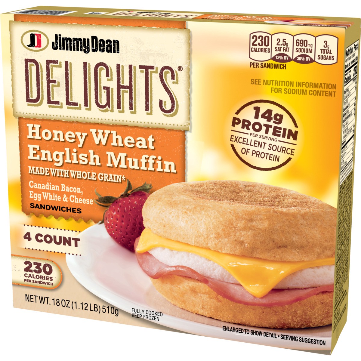 slide 3 of 9, Jimmy Dean Delights Honey Wheat English Muffin Breakfast Sandwiches with Canadian Bacon, Egg White, and Cheese, Frozen, 4 Count, 510.29 g