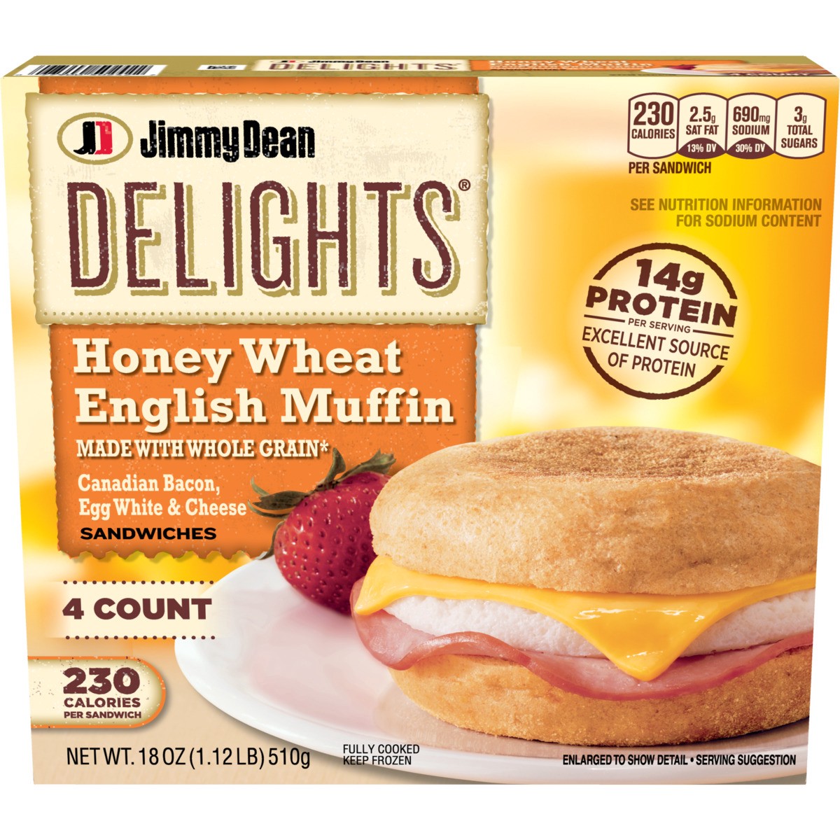slide 1 of 9, Jimmy Dean Delights Honey Wheat English Muffin Breakfast Sandwiches with Canadian Bacon, Egg White, and Cheese, Frozen, 4 Count, 510.29 g