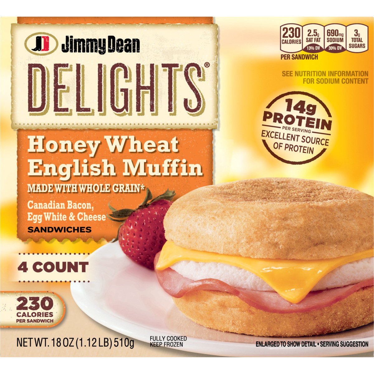 slide 6 of 9, Jimmy Dean Delights Honey Wheat English Muffin Breakfast Sandwiches with Canadian Bacon, Egg White, and Cheese, Frozen, 4 Count, 510.29 g