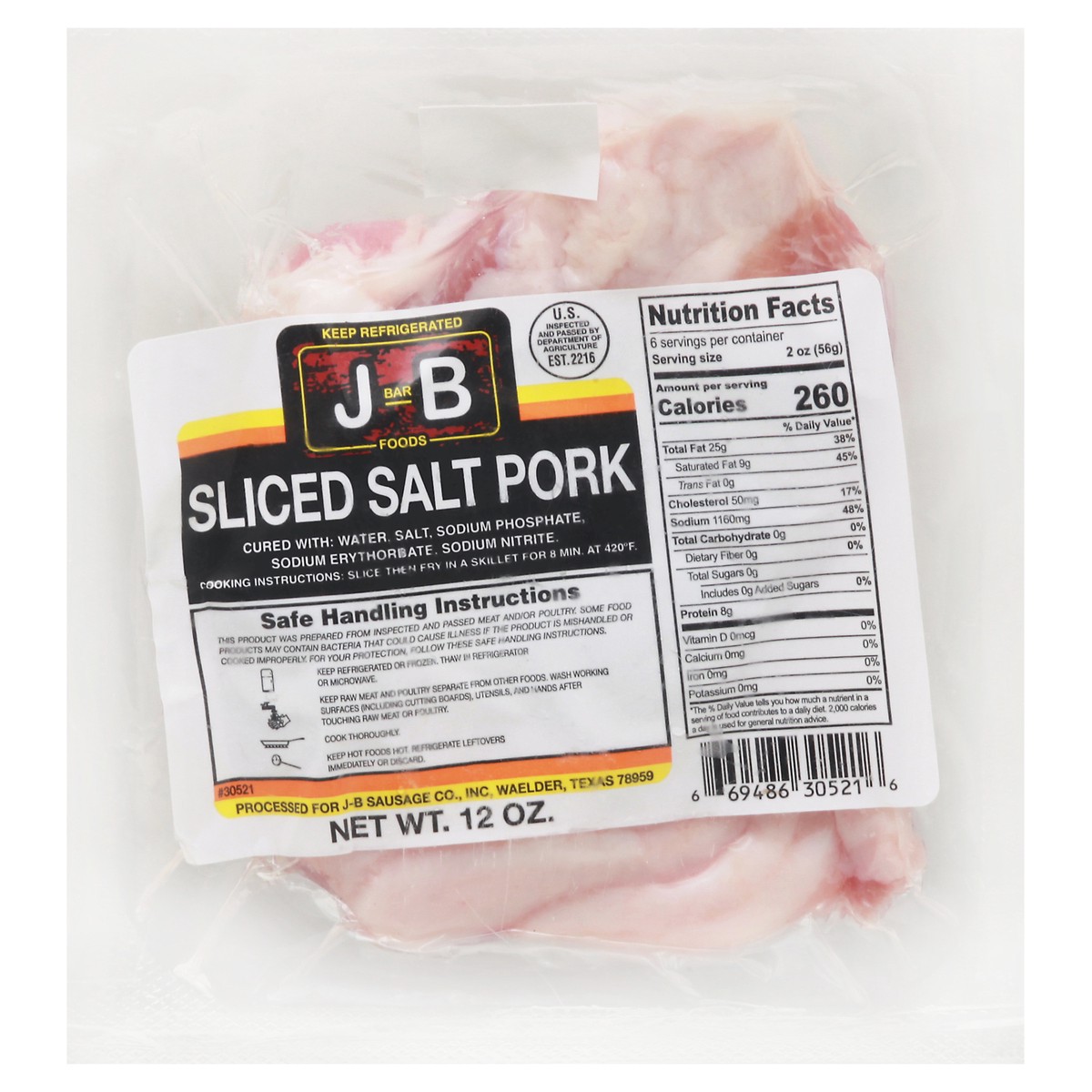 slide 1 of 9, J Bar B Foods Sliced Salt Pork 12 oz Pack, 12 oz
