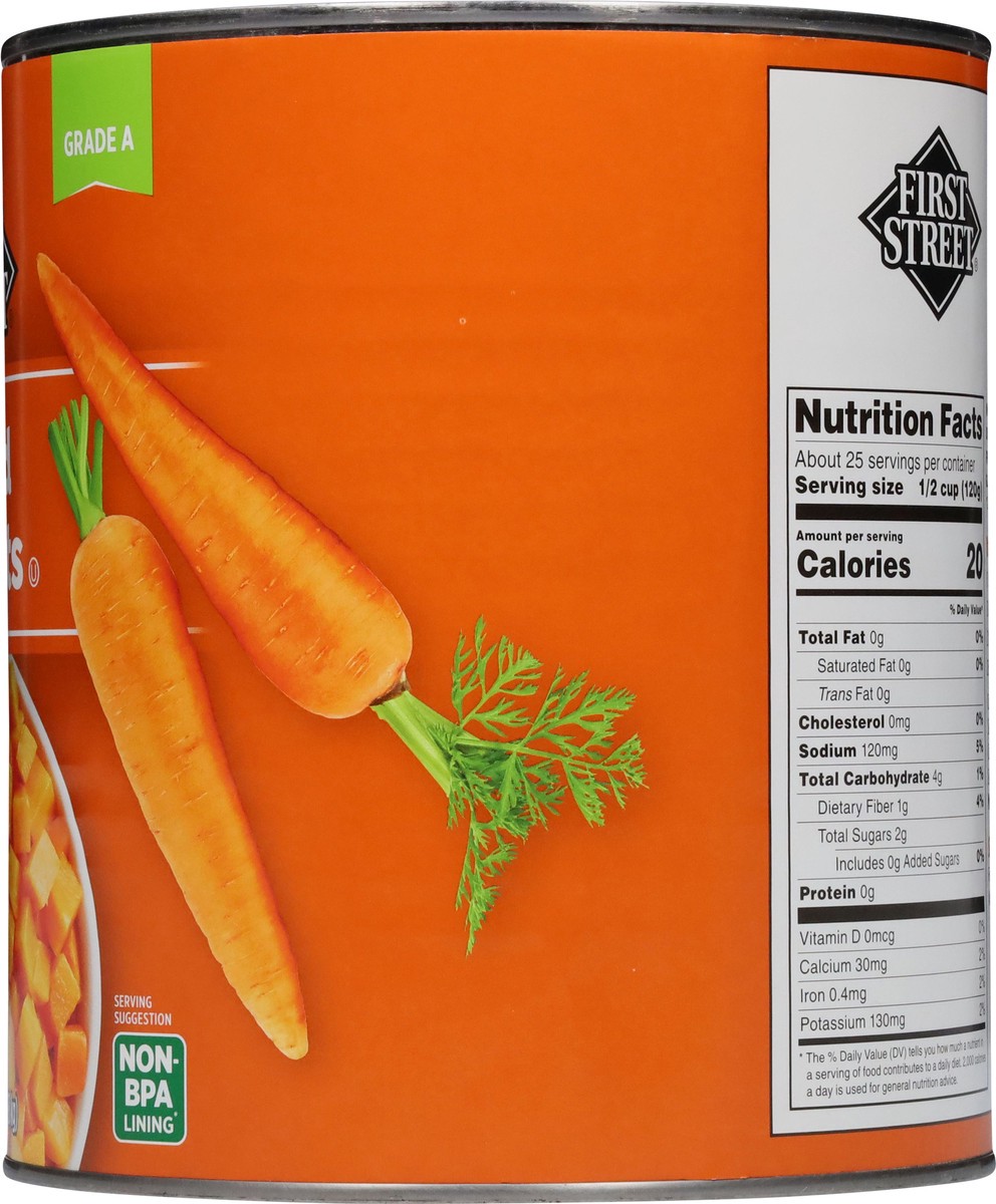 slide 10 of 15, First Street Diced Carrots, 105 oz
