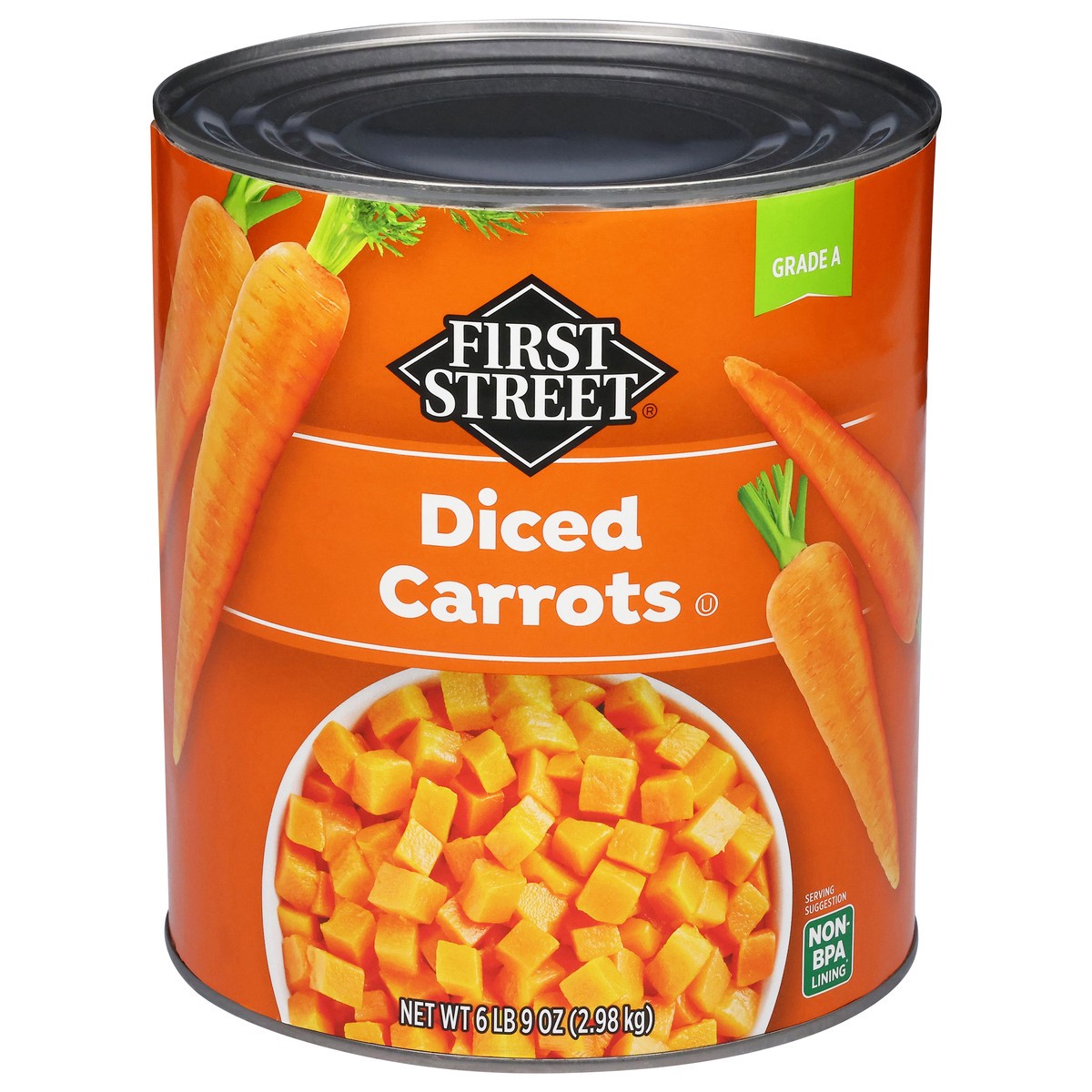 slide 3 of 15, First Street Diced Carrots, 105 oz