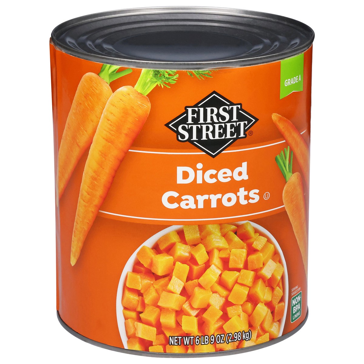 slide 12 of 15, First Street Diced Carrots, 105 oz