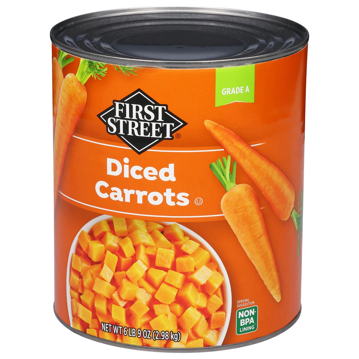 slide 4 of 15, First Street Diced Carrots, 105 oz