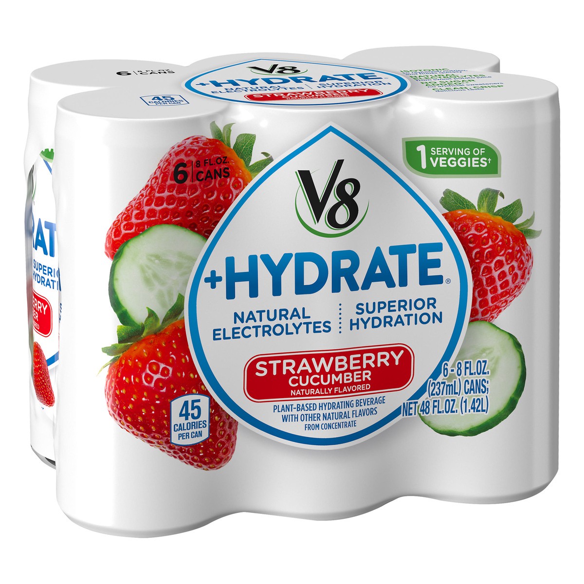 slide 9 of 9, V8 +Hydrate Plant-Based Hydrating Beverage, Strawberry Cucumber, 8 oz. Can (Pack of 6), 48 oz
